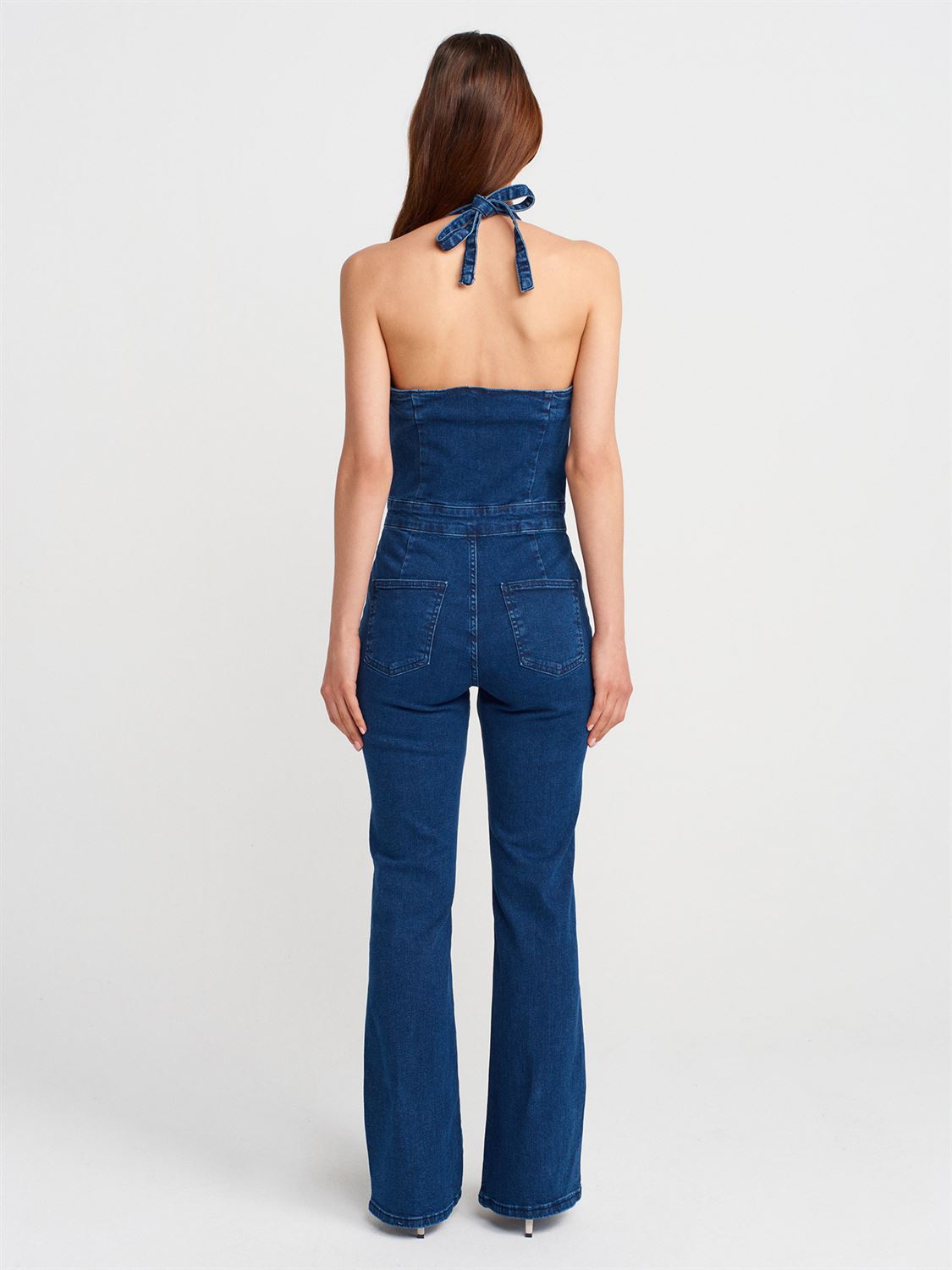 Halter Neck Stretch Denim Jumpsuit – Light Blue