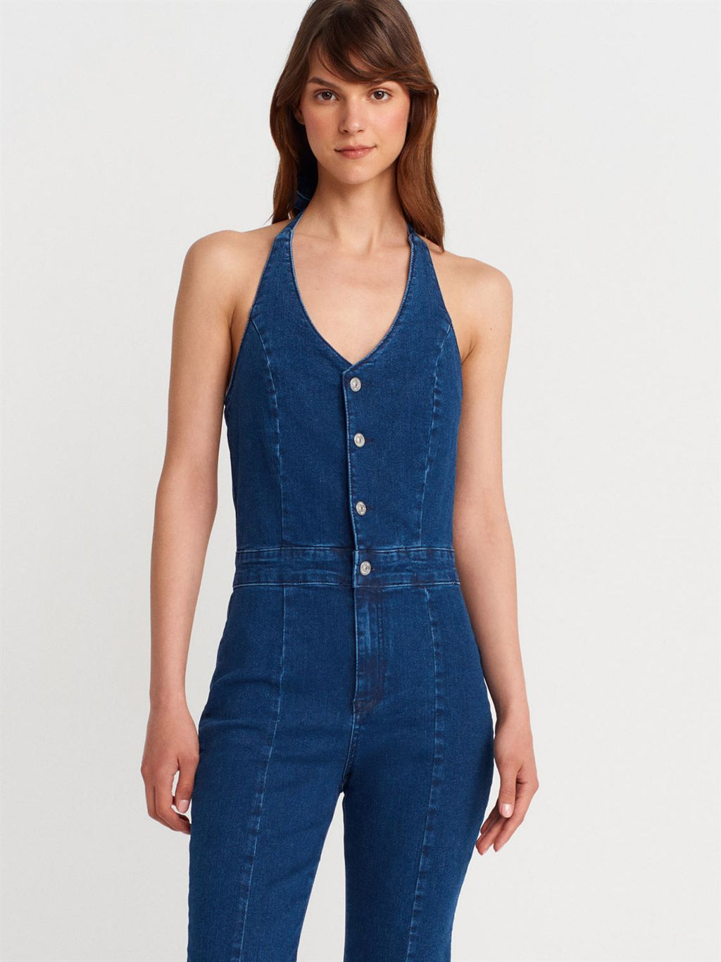 Halter Neck Stretch Denim Jumpsuit – Light Blue