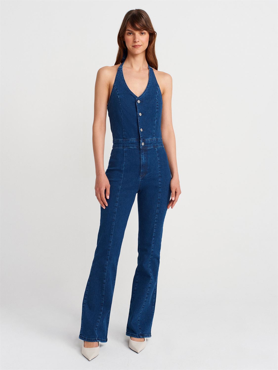 Halter Neck Stretch Denim Jumpsuit – Light Blue