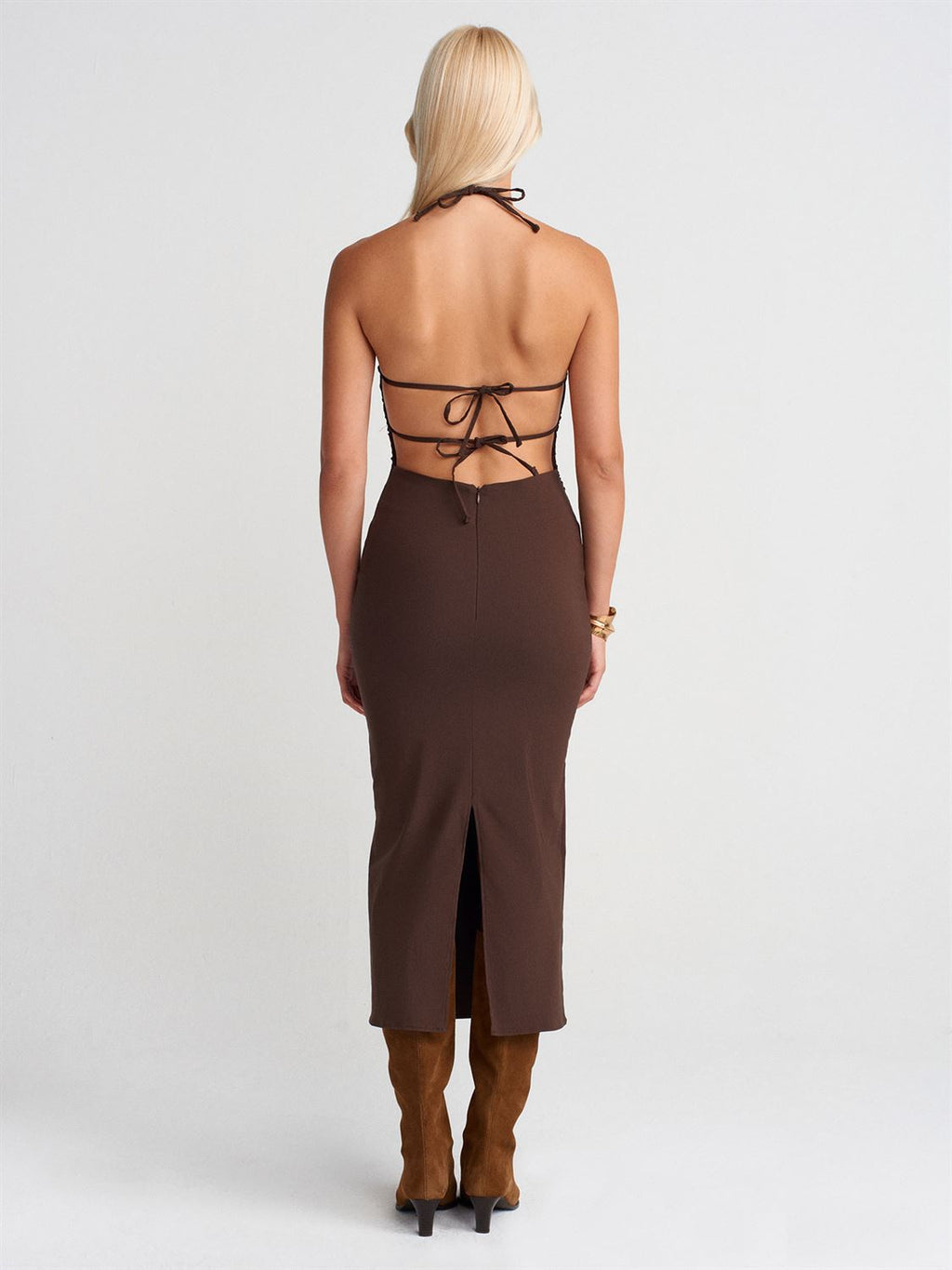 Halter Yaka Midi Elbise-Kahve