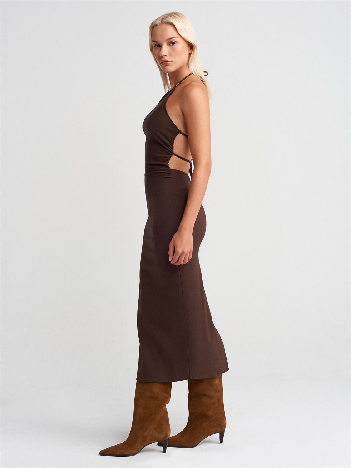 Halter Yaka Midi Elbise-Kahve