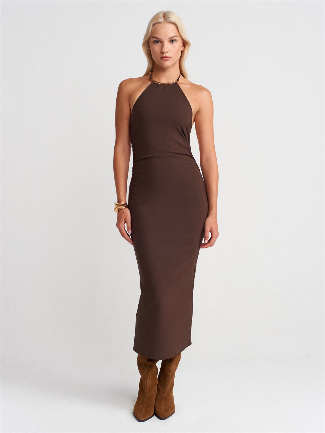 Halter Yaka Midi Elbise-Kahve